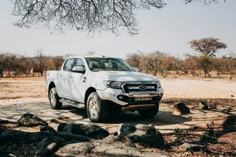 A white pickup truck parked on a dirt road in dry bush country